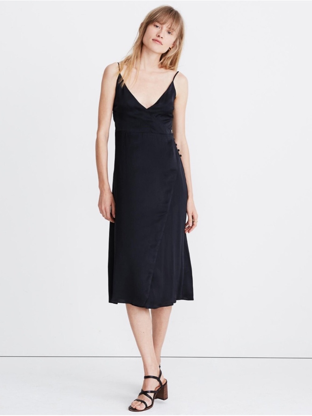Madewell Black Satin Side Button Cami Wrap Dress